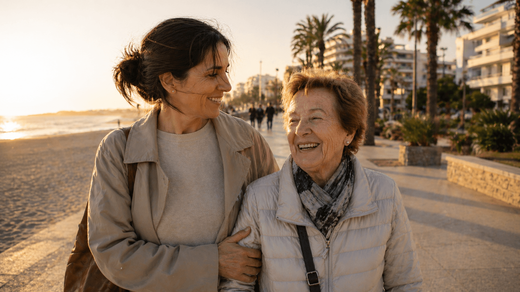 Hija paseando con su madre mayor en un paseo marítimo