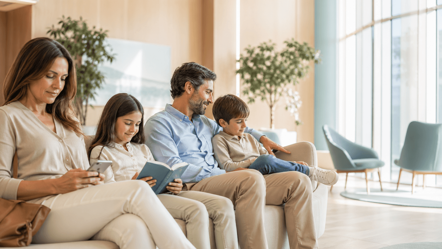 Familia esperando en la sala de espera de una clínica privada