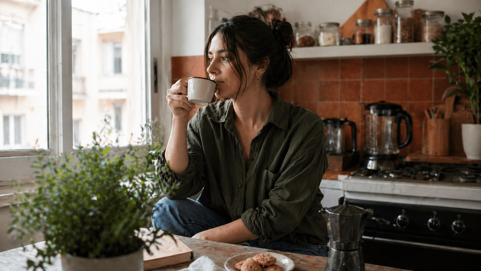 Joven con taza de café junto a la ventana de la cocina