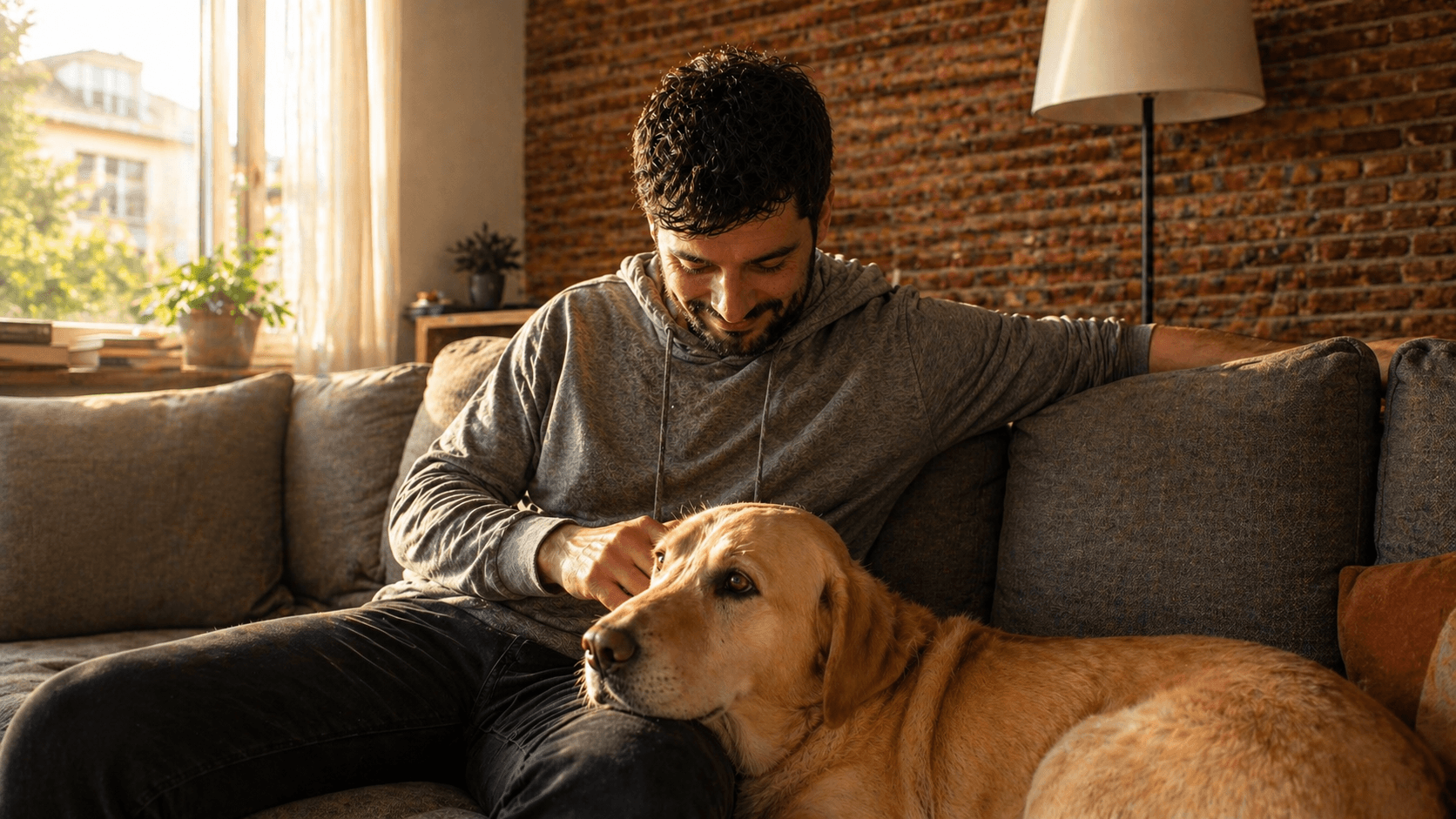 Hombre acariciando a su perro labrador en el sofá