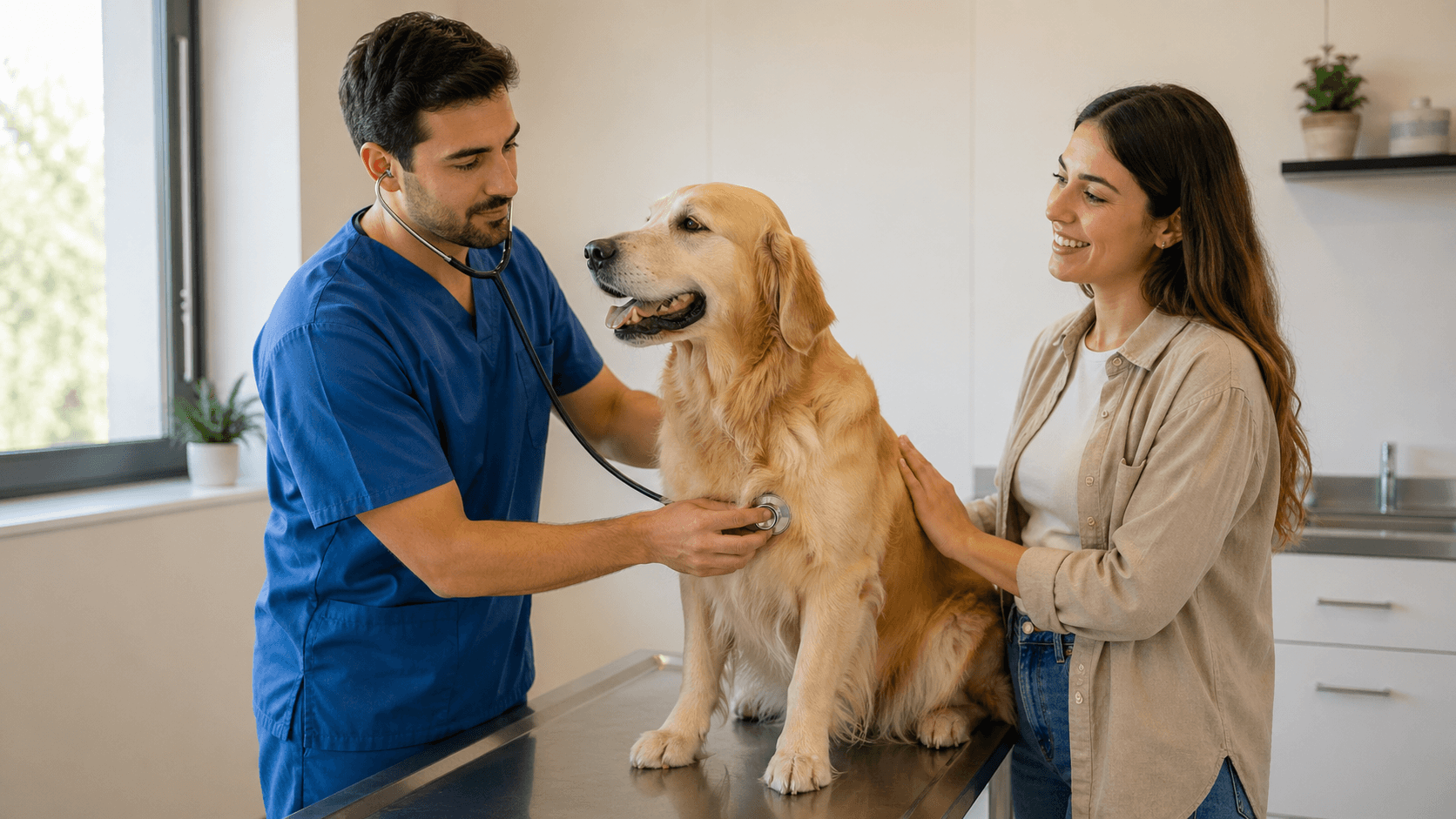 Veterinaria revisando a un perro sano en clínica moderna